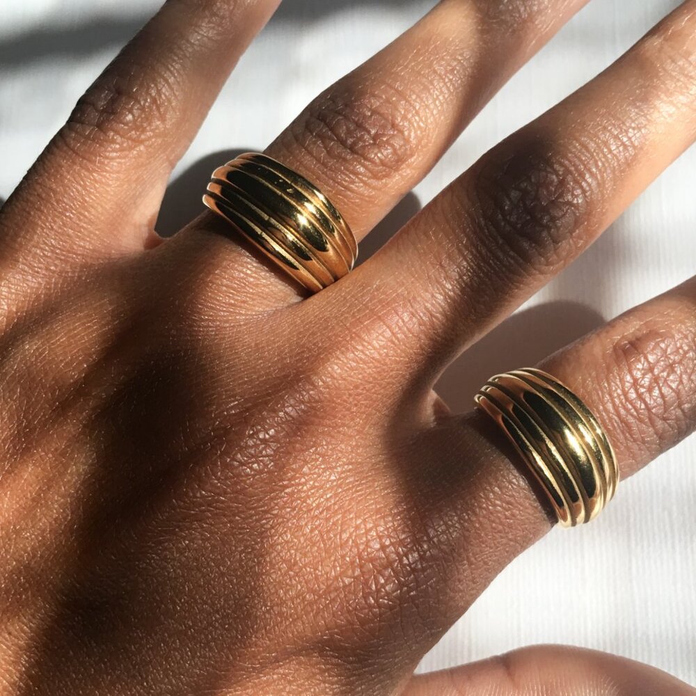 Bold 18K Gold Plated Dome Ring – Ribbed Vintage Statement Band